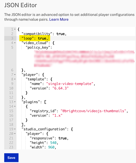 JSON Editor kein Brightcove Player-Branding