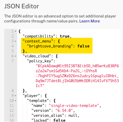 JSON Editor kein Brightcove Player-Branding
